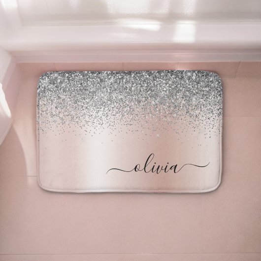 Tapis De Bain Rose Gold - Rose Pâle Pailleté Argent Monogramme