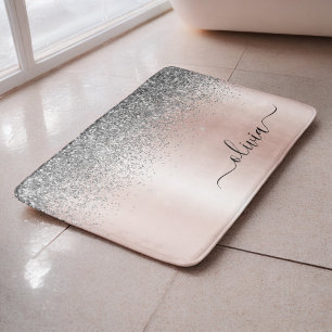 Tapis De Bain Rose Gold - Rose Pâle Pailleur Argent Monogramme