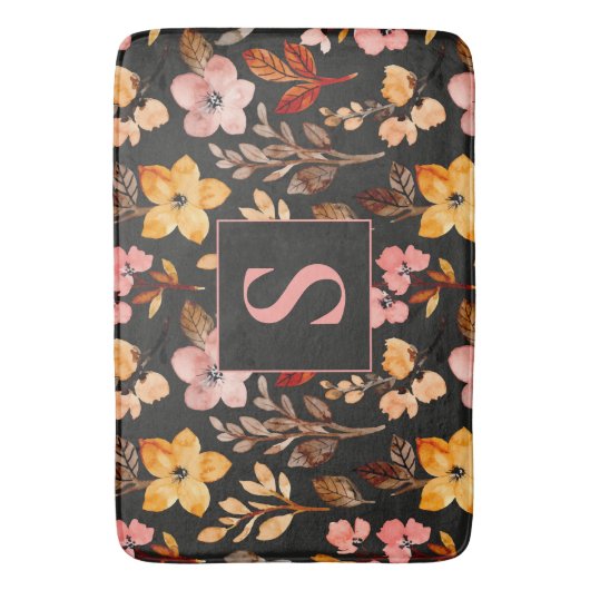 Tapis De Bain Rose Jaune Orange Floral Noir Monogramme (devant Vertical)