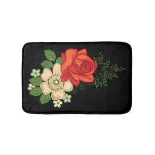 Tapis De Bain Rose rouge et marguerites sur fond noir