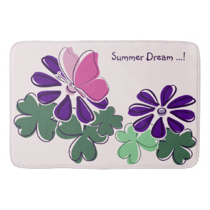 Tapis De Bain Rose vert pourpre Doodé fleurit papillons Slogan