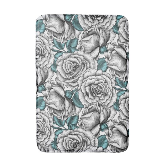 Tapis De Bain Roses blanches avec feuilles bleus (Devant (Vertical))