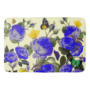 TAPIS DE BAIN ROSES BLEUS ET BOUTEILLES JAUNES BLANCS