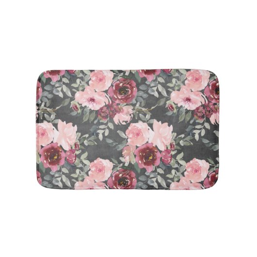 Tapis De Bain Roses de Blush et de Bourgogne sur le noir de char (Devant)