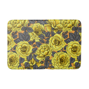 Tapis De Bain Roses jaunes avec feuilles gris sur orange