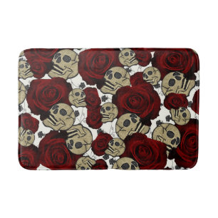 Tapis De Bain Roses Rouges & Crânes Floral Noir Gothique Blanc