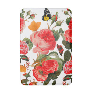 Tapis De Bain ROSES ROUGES ET BOUTEILLES JAUNES Floral blanc