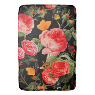 Tapis De Bain ROSES ROUGES ET BOUTEILLES JAUNES Floral noir