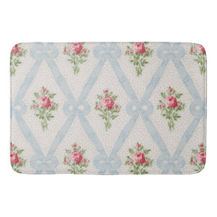 Tapis De Bain Roses victoriens roses avec treillis à ruban bleu