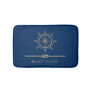 Tapis De Bain Roue de bateau en or nautique, bleu marine