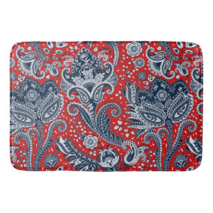 Tapis De Bain Rouge Blanc & Bleu Floral Paisley Bohème Boho