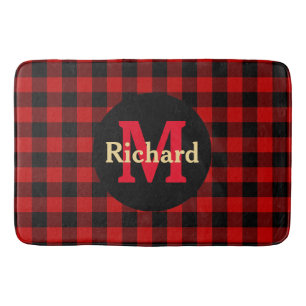 Tapis De Bain Rouge et Noir Carreaux Monogramme et Nom