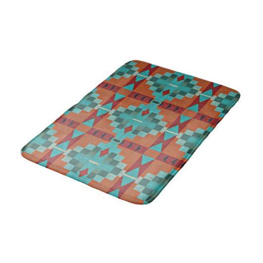 Tapis De Bain Rouge Rust Orange Turquoise Turquoise Blue Tribal  (Angle)