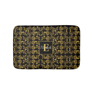 Tapis De Bain Royal noir et or damassé floral nom personnalisé