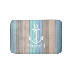 Tapis De Bain Rustic Beach Wood Bandes et Ancres nautiques