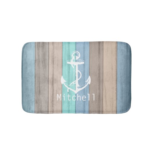 Tapis De Bain Rustic Beach Wood Bandes et Ancres nautiques (Devant)