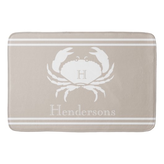 Tapis De Bain Sable Nautique Taupe Crabe Blanc Monogramme Nom S (Devant)