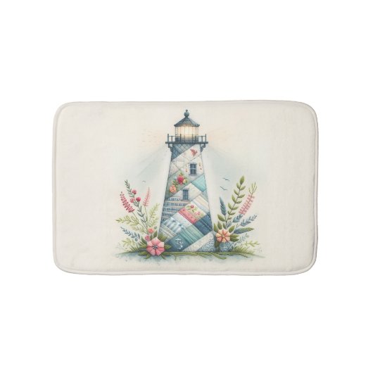 Tapis De Bain Scène florale côtière du phare patchwork (Devant)
