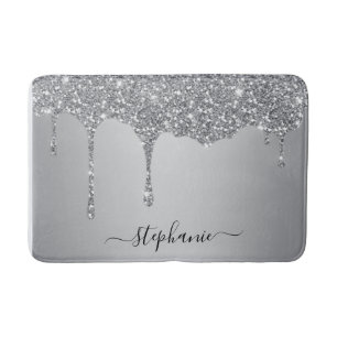 Tapis De Bain Script Nom personnalisé Silver Parties scintillan