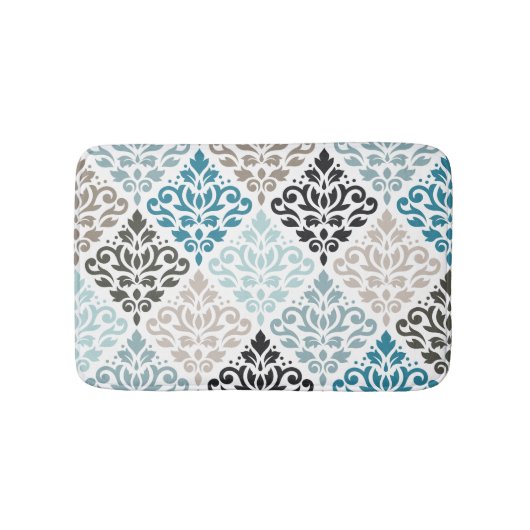 Tapis De Bain Scroll Damask Big Motif Teals Browns White (Devant)