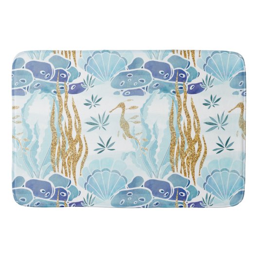 Tapis De Bain Seahorse Seashells Gold Parties scintillant Bleu O (Devant)