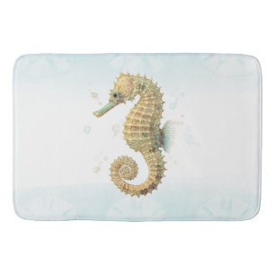 Tapis De Bain Seahorse Turquoise & Gold Watercolor Plage côtière