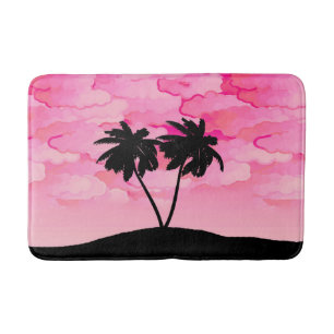 Tapis De Bain Silhouette de palmier contre l'aube rose avec nuag
