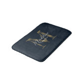 Tapis De Bain Simple Script Métallisé Bleu Nuit Or Monogramme (Angle)