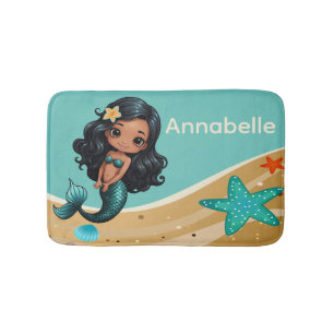 Tapis De Bain Sirène verte avec cheveux noirs Personnaliser