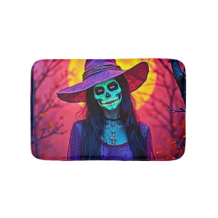 Tapis De Bain Sorcière d'Halloween avec conception de visage crâ