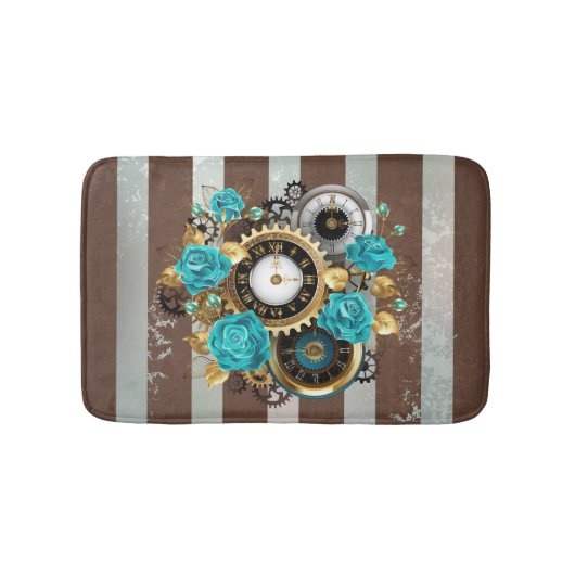 Tapis De Bain Steampunk Clock and Turquoise Roses on Striped (Devant)