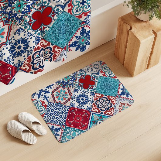 Tapis De Bain Talavera Tles Turquoise Denim Blue Red White