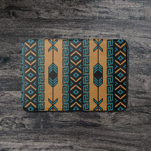 Tapis De Bain Tan Et Turquoise Motif Aztec Sud-Ouest