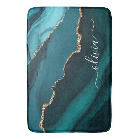 Tapis De Bain Teal Aqua Bleu Vert Agate Géode Or Monogramme (devant Vertical)