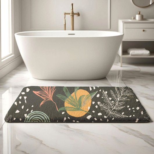 Tapis De Bain Terrazzo Abstrait Moderne & Collage Botanique 