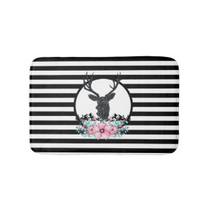 Tapis De Bain Tête de cerf noir avec Fleurs et Montagnes roses