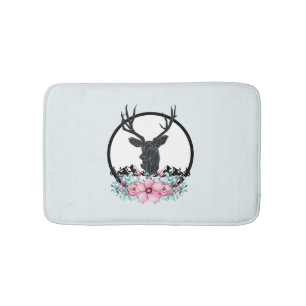 Tapis De Bain Tête de cerf noir avec Fleurs et Montagnes roses
