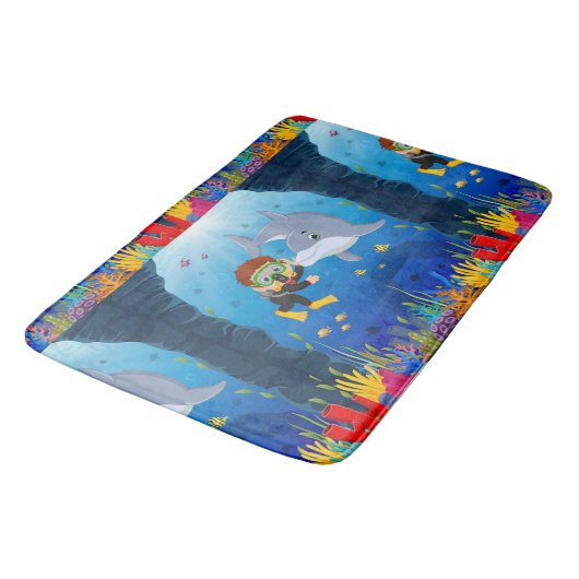 Tapis De Bain Thème marin Plongée avec Dauphin Poisson Corail Re (Angle)
