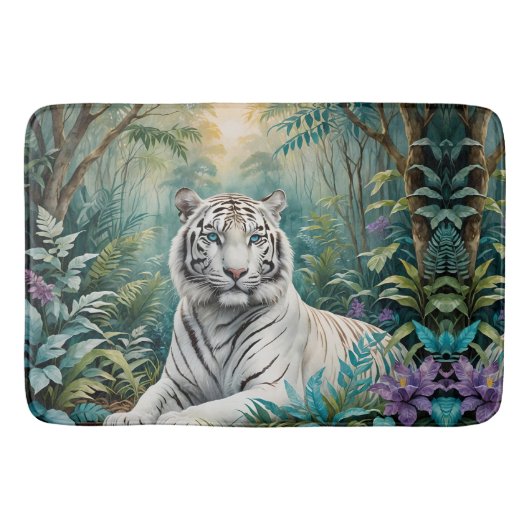 Tapis De Bain Tigre blanc dans une jungle bleue verte (Devant)
