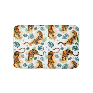 Tapis De Bain Tigres Feuilles tropicaux : Illustration Vintage.