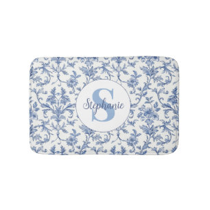 Tapis De Bain Toile Bleue Motif Floral Monogramme Nom
