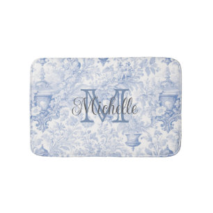 Tapis De Bain Toile de Jouy Bleue Française Monogramme Initiale
