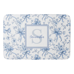 Tapis De Bain Toile de Jouy Fleurie Bleue Monogramme Nom