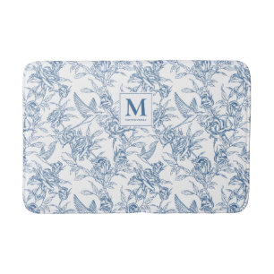 Tapis De Bain Toile de Jouy florale vintage bleue monogramme fra