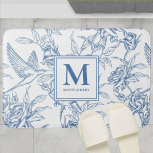 Tapis De Bain Toile de Jouy florale vintage bleue Monogramme fra