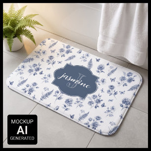 Tapis De Bain Toile de jouy française Monogramme Nom Motif Bleu