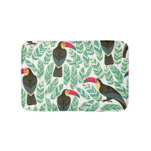 Tapis De Bain Toucans, feuilles tropicaux, motif décoratif.