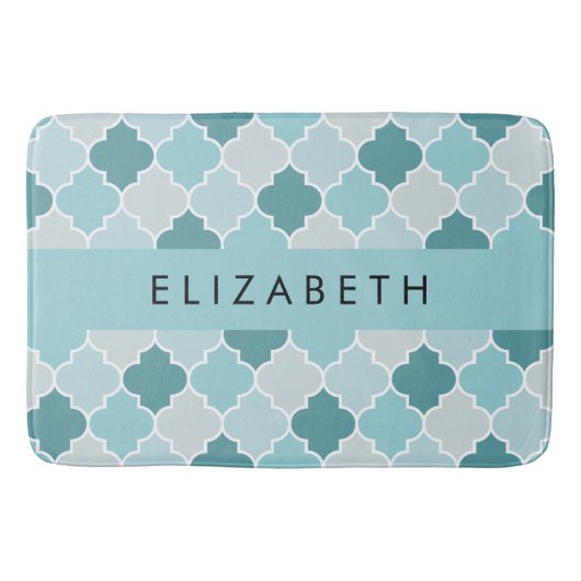Tapis De Bain Trellis Bleu Marocain, Quatrefoil, Votre Nom (Devant)