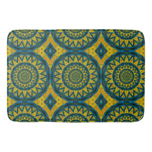 Tapis De Bain Tribal Motif ocre jaune et turquoise bleu soleil