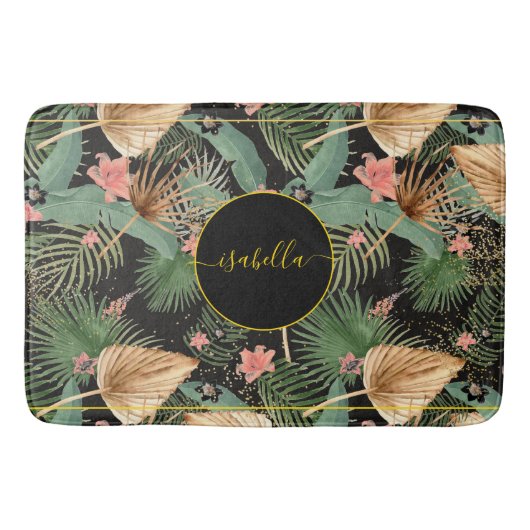 Tapis De Bain Tropical Green Palm Feuilles Monogramme Black Bath (Devant)